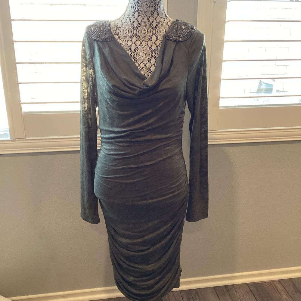 INC Long Sleeve Olive Dress with Draped Neckline